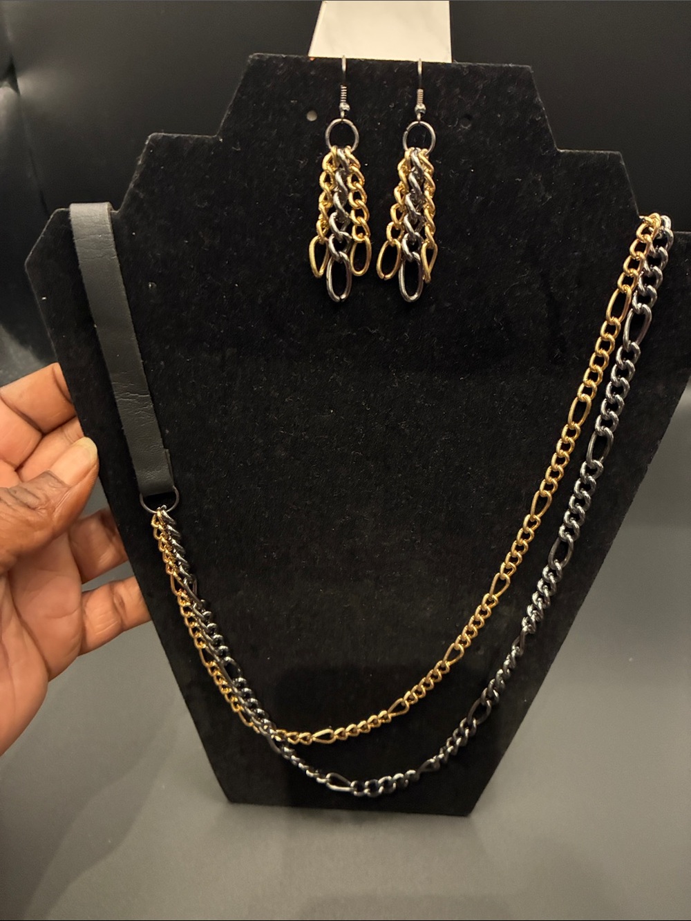 Two-Tone Gold and Gunmetal Chain Necklace & Earring Set necklace is long unique